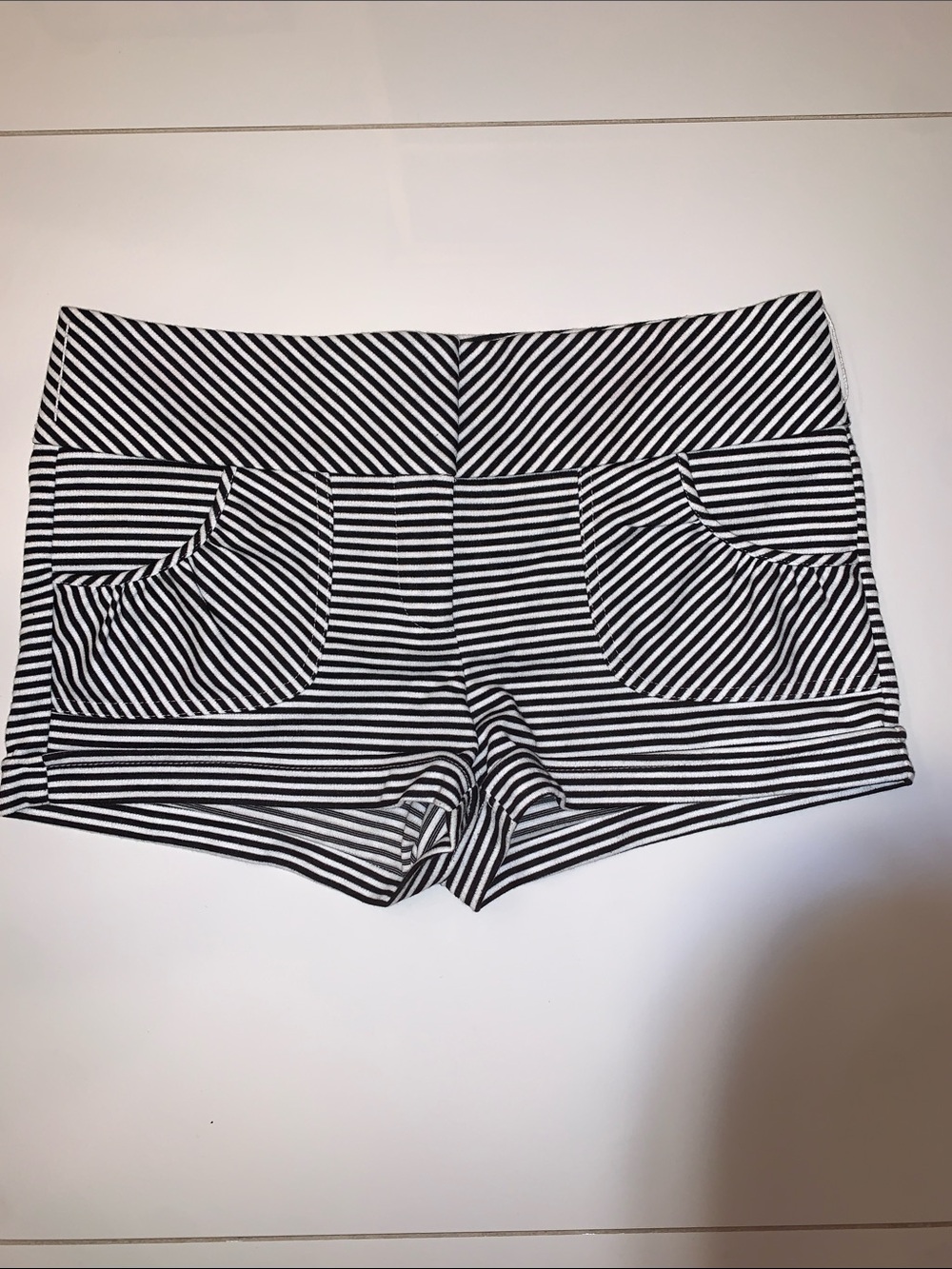 Black and White Striped Shorts with Pockets
